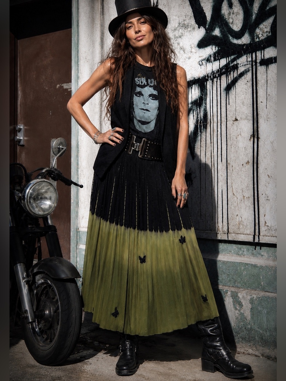 Black and Olive Green Ombre Butterfly Maxi Skirt UPCYCLE